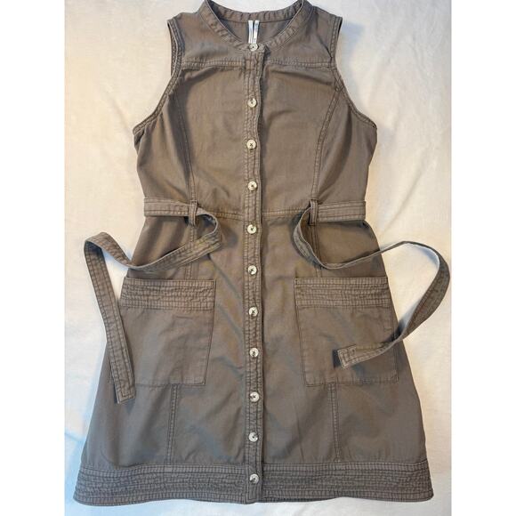 Anthropologie Brown Button Utility Dress Cargo Shirt Denim Sleeveless 6 Tie - Picture 6 of 13